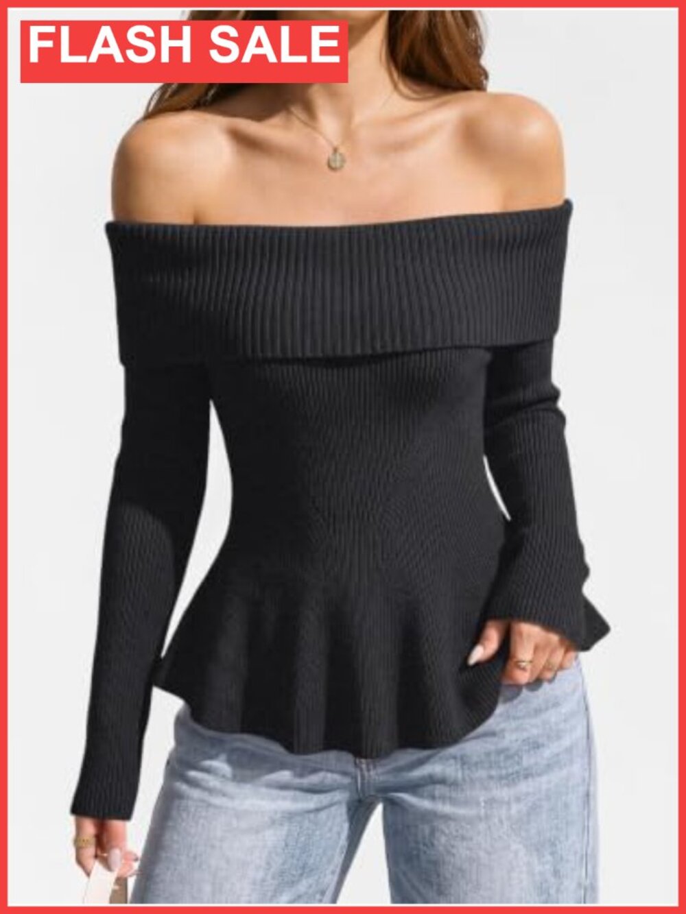 Off Shoulder Babydoll Sweater Ribbed Knit Fall Pullover - Picture 4 of 5
